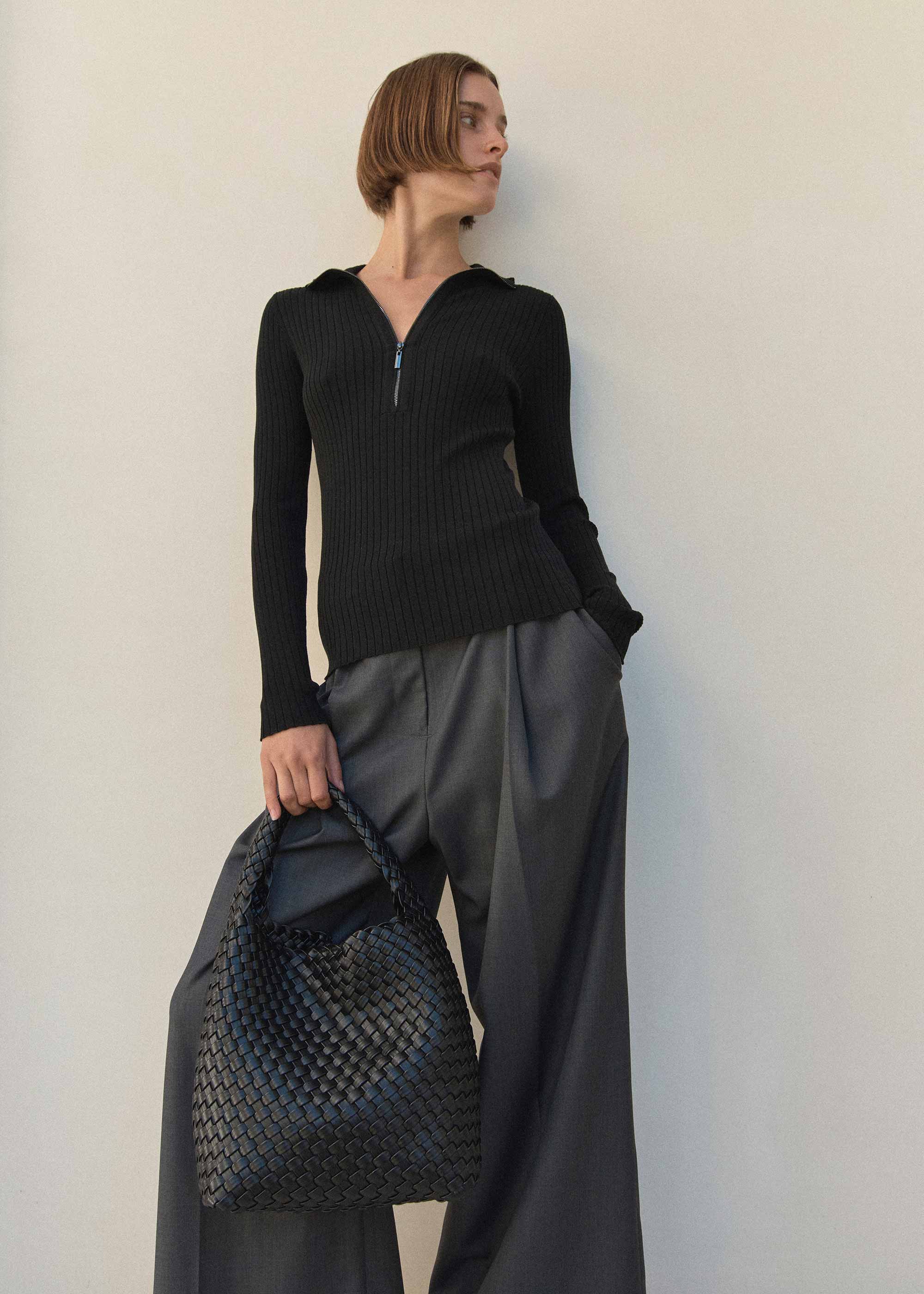 19.57 Black Recycled Alt-Leather Woven Small Tote