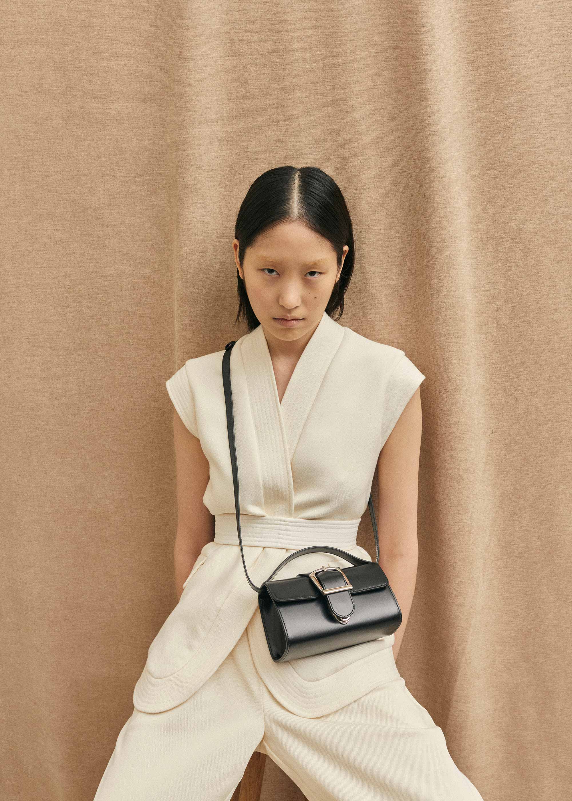 10.1S Black Mini Satchel with Flat Handle and Silver Buckle