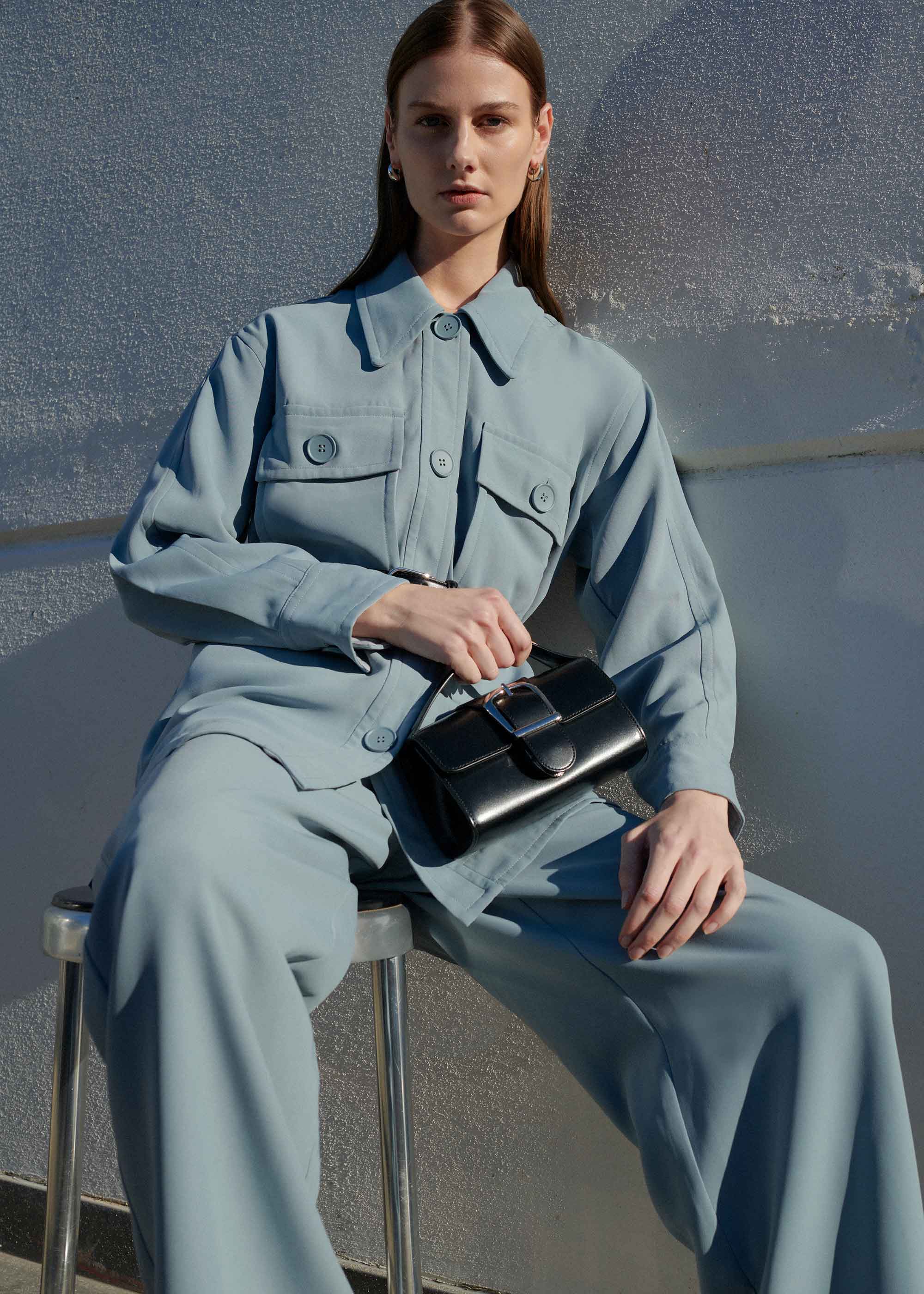 10.1S Black Mini Satchel with Flat Handle and Silver Buckle