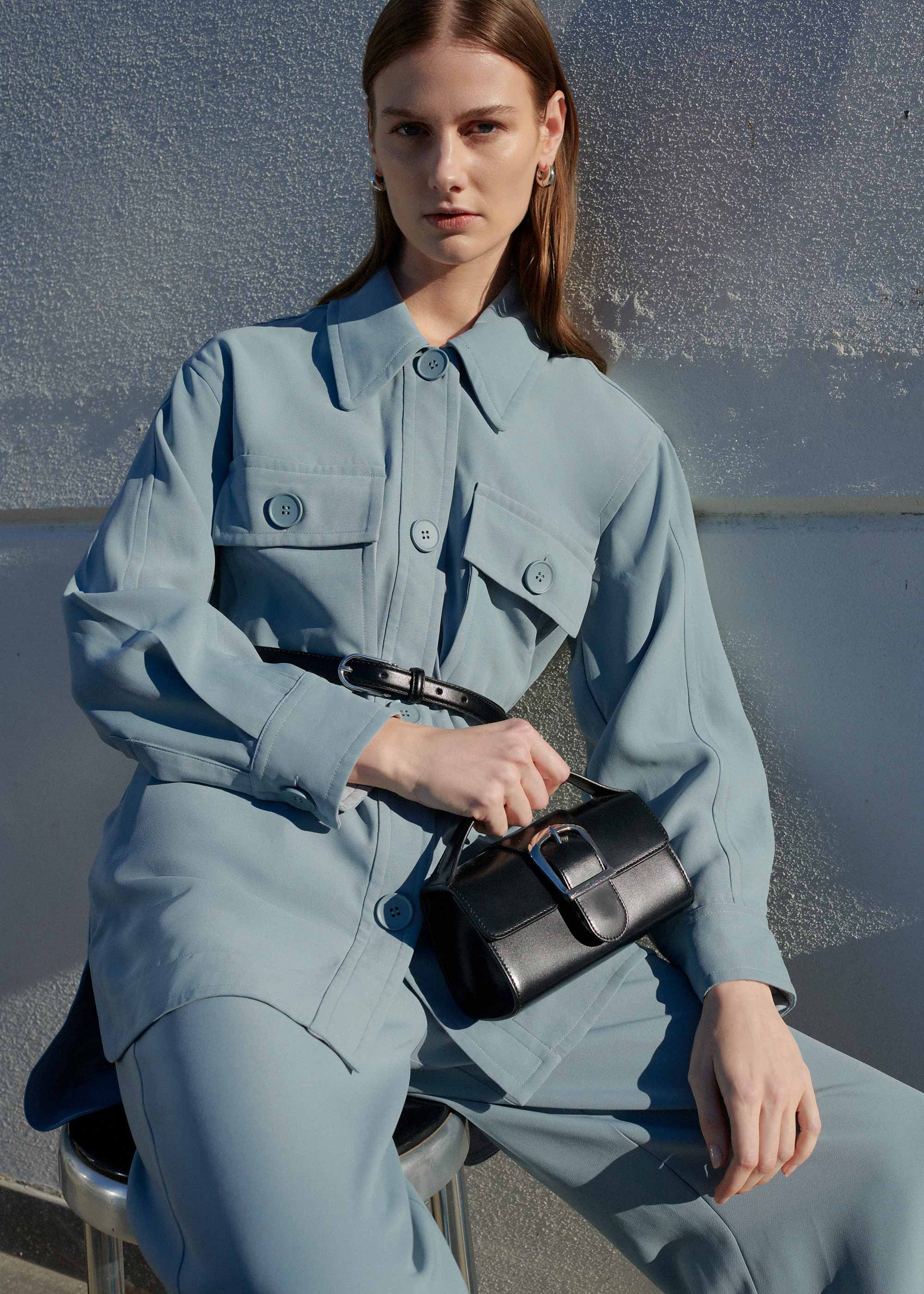 10.1S Black Mini Satchel with Flat Handle and Silver Buckle