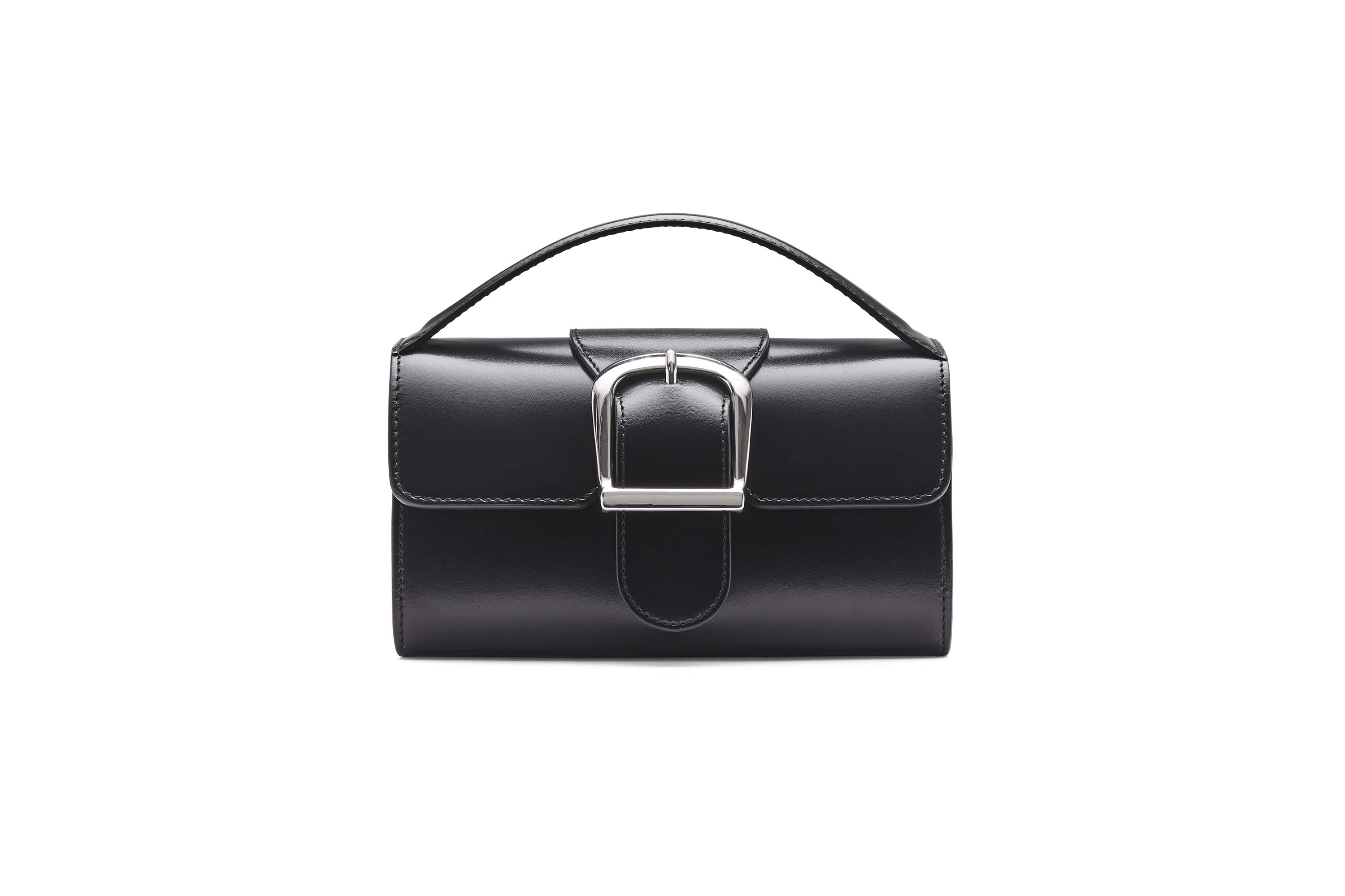 10.1S Black Mini Satchel with Flat Handle and Silver Buckle