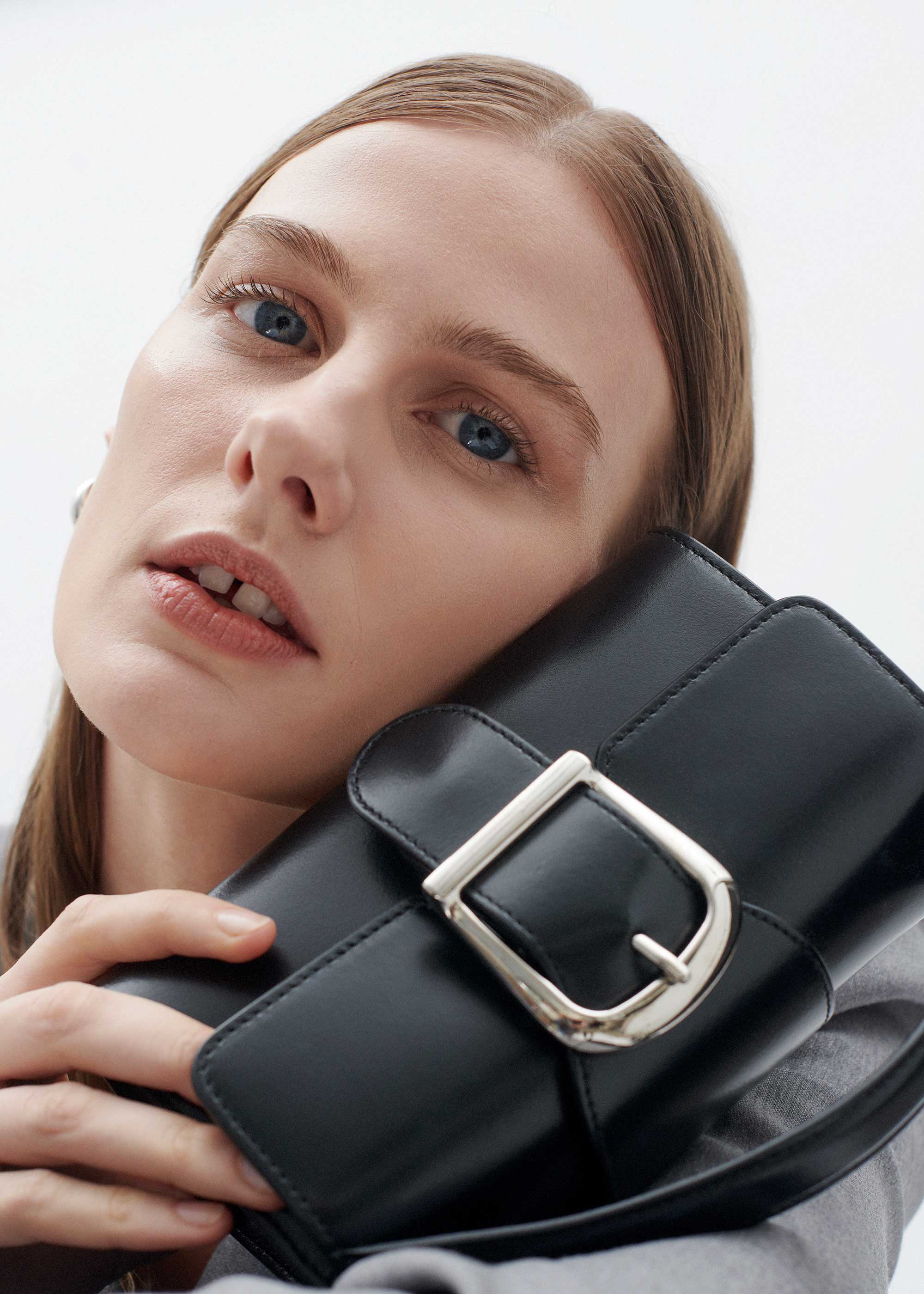 10.1S Black Mini Satchel with Flat Handle and Silver Buckle